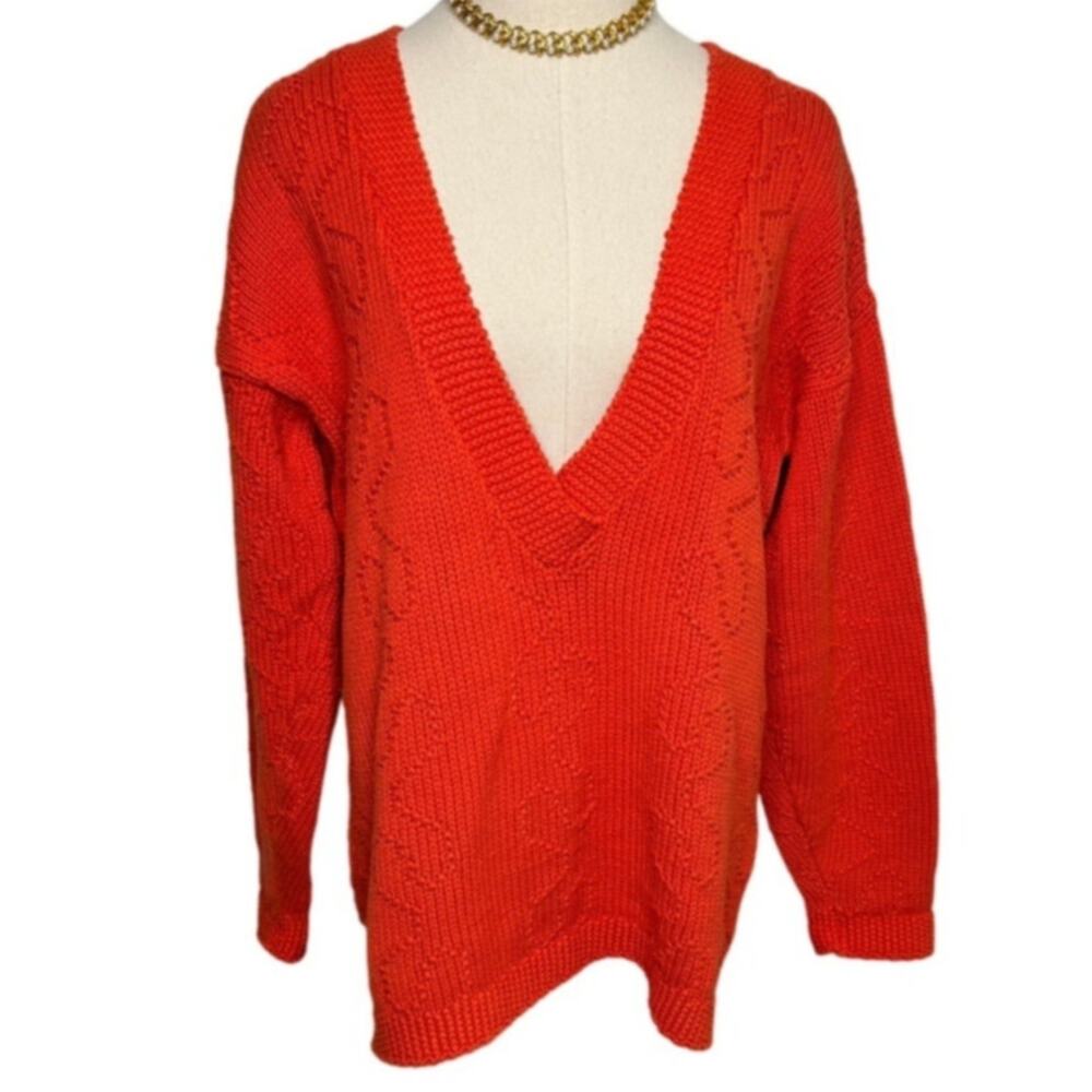 Pinwheels vintage 80s chunky knit deep V tunic sweater bright orange size small